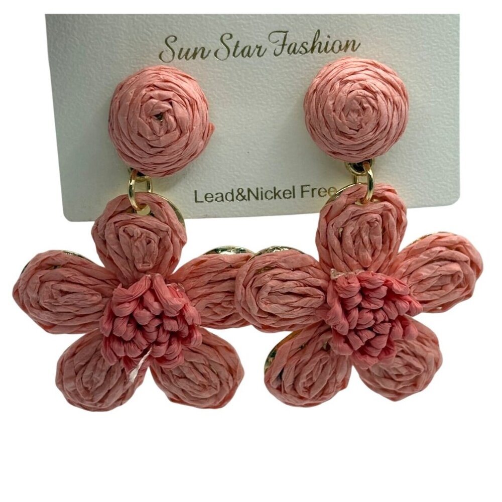 Pink Raffia Flower Dangle Earrings Lead Nickel Free Lightweight Fashion Jewelry
